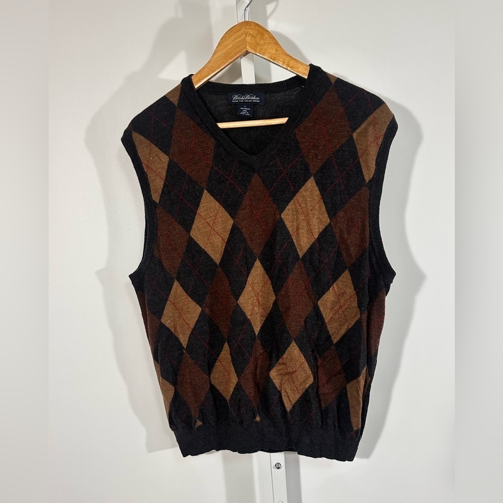 1990s Hong Kong Argyle Merino Wool Sweater Vest Brown Preppy Knit BROOKS BRO
